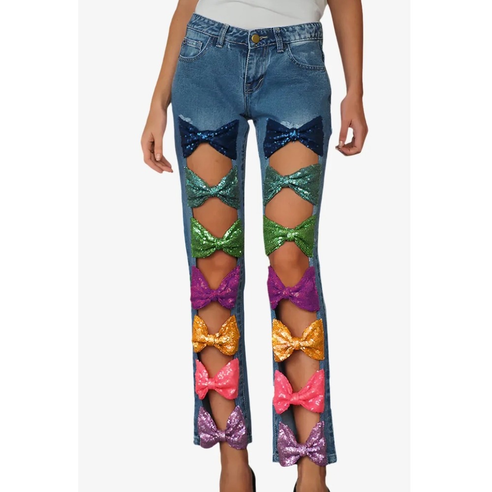 House of Muamua Rainbow Sequin Bow Cutout High Waist Straight Leg Jeans Small